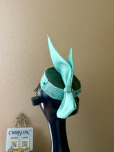 Load image into Gallery viewer, Green hat base - bow in turquoise and cover crown
