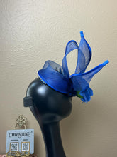 Load image into Gallery viewer, Blue coctail hat Rhinestone feather matching dress
