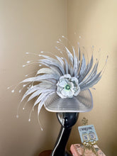 Load image into Gallery viewer, Grey hat with flower bow and flower on back

