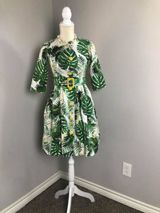 Laura Dress in Solid cotton Tropical Leaves size S - Shop women style vintage, Audrey Hepburn jackets online -Christine