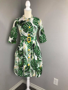 Laura Dress in Solid cotton Tropical Leaves size S - Shop women style vintage, Audrey Hepburn jackets online -Christine