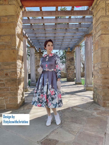 Kennedy Dress in Roses Grey Taffeta - Shop women style vintage, Audrey Hepburn jackets online -Christine