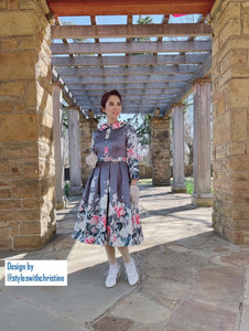 Kennedy Dress in Roses Grey Taffeta - Shop women style vintage, Audrey Hepburn jackets online -Christine