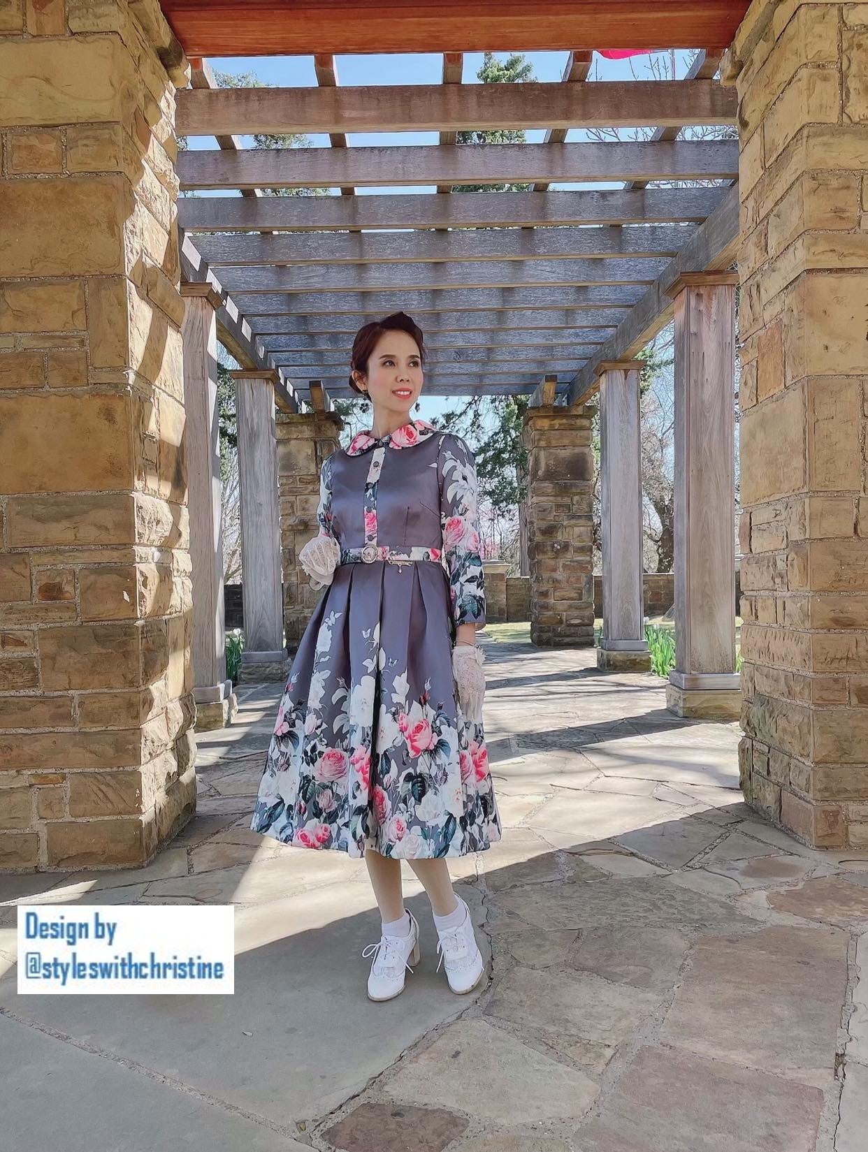 Kennedy Dress in Roses Grey Taffeta - Shop women style vintage, Audrey Hepburn jackets online -Christine