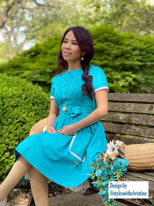 Lily Dress in "AQUA" Blue cotton - Shop women style vintage, Audrey Hepburn jackets online -Christine