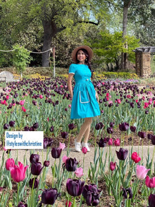 Lily Dress in "AQUA" Blue cotton - Shop women style vintage, Audrey Hepburn jackets online -Christine