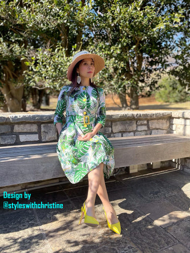 Laura Dress in Solid cotton Tropical Leaves size S - Shop women style vintage, Audrey Hepburn jackets online -Christine