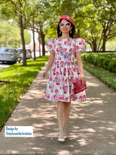 Bella Dress in Rose blooms cotton - Shop women style vintage, Audrey Hepburn jackets online -Christine