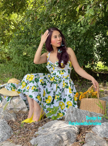 May Dress in Lemon Print cotton size S - Shop women style vintage, Audrey Hepburn jackets online -Christine