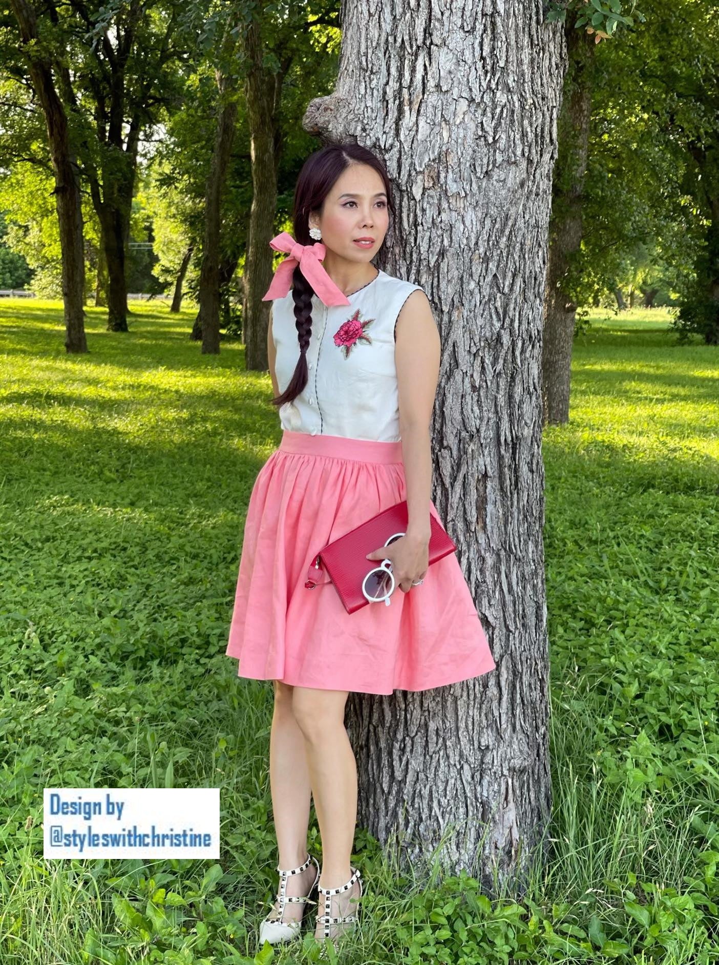 Julie skirt in Pink matching white top Linen - Shop women style vintage, Audrey Hepburn jackets online -Christine