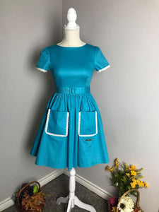 Lily Dress in "AQUA" Blue cotton - Shop women style vintage, Audrey Hepburn jackets online -Christine