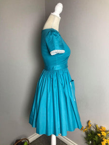 Lily Dress in "AQUA" Blue cotton - Shop women style vintage, Audrey Hepburn jackets online -Christine