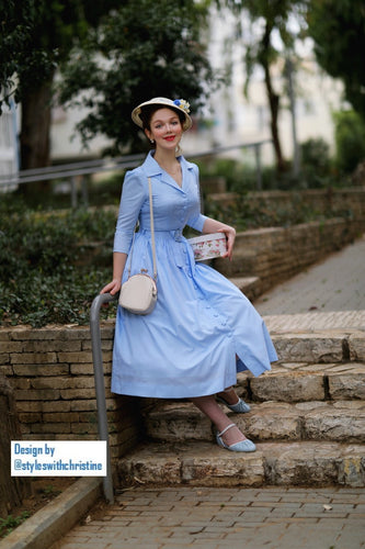 Kathy Dress in light blue cotton - Shop women style vintage, Audrey Hepburn jackets online -Christine